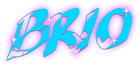 The brio logo, B, R, I, O, in glowing cyan, with sparkles.